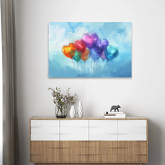 Ballons en forme de coeur dans le ciel Impression sur toile