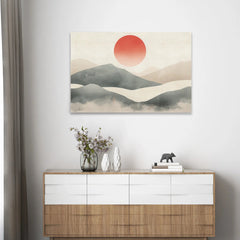 Tableau Soleil rouge minimaliste sur les montagnes