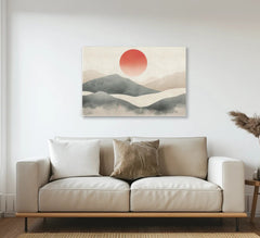 Tableau Soleil rouge minimaliste sur les montagnes